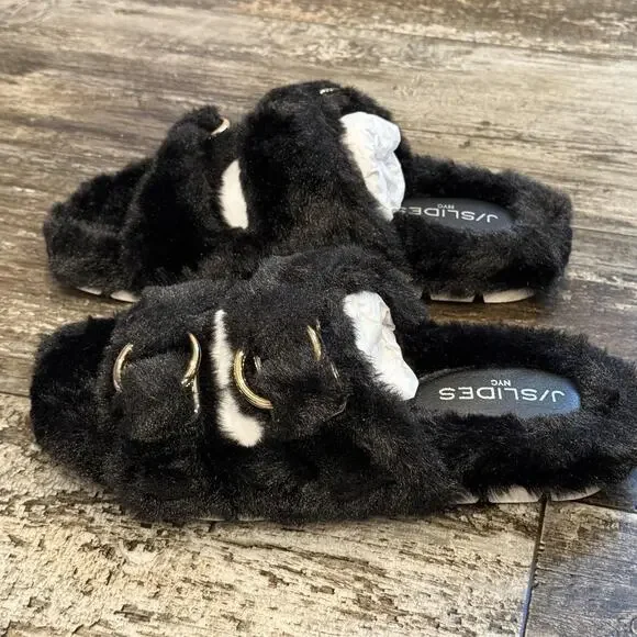 J/Slides NYC Shoes Womens Size 8 Black Faux Fur Bree Double Strap Slides NEW - Picture 11 of 11
